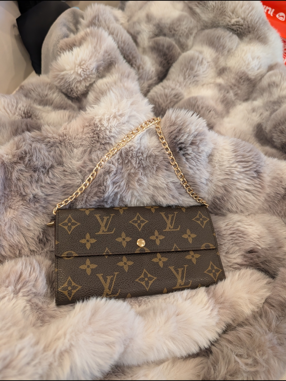 Authentic Louis Vuitton Monogram Canvas Chain Wallet in Brown and Gold